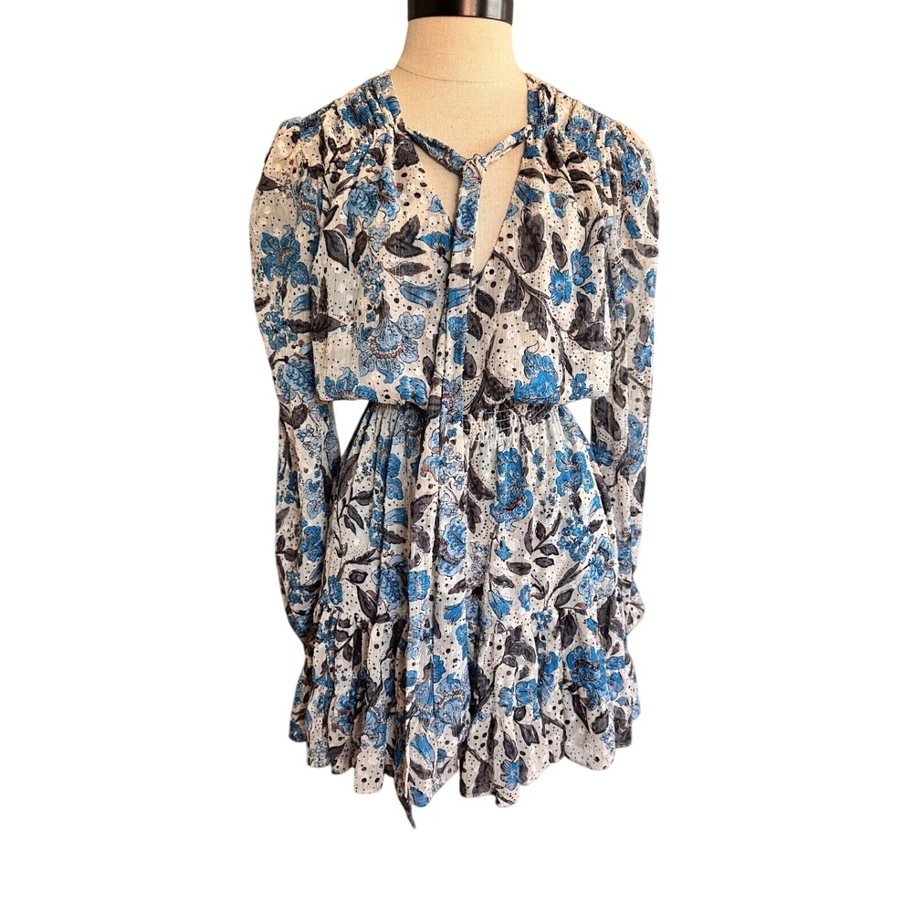 MISA Los Angeles Blue Floral Clip Dot Tie Neck Smocked XS Mini Dress
